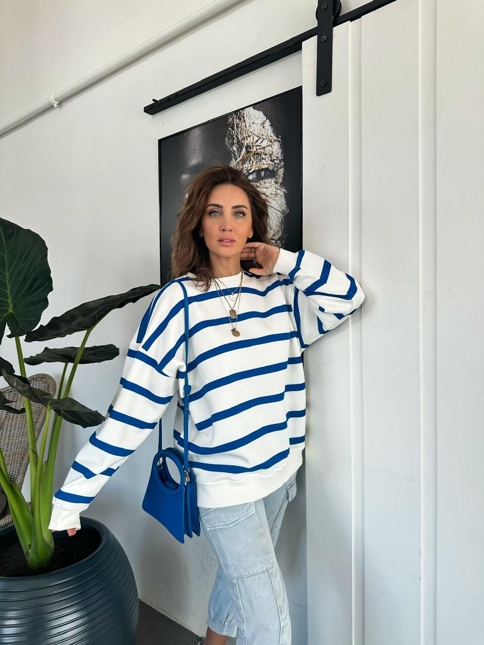 Saks Mavi Çizgili Oversize Sweatshirt