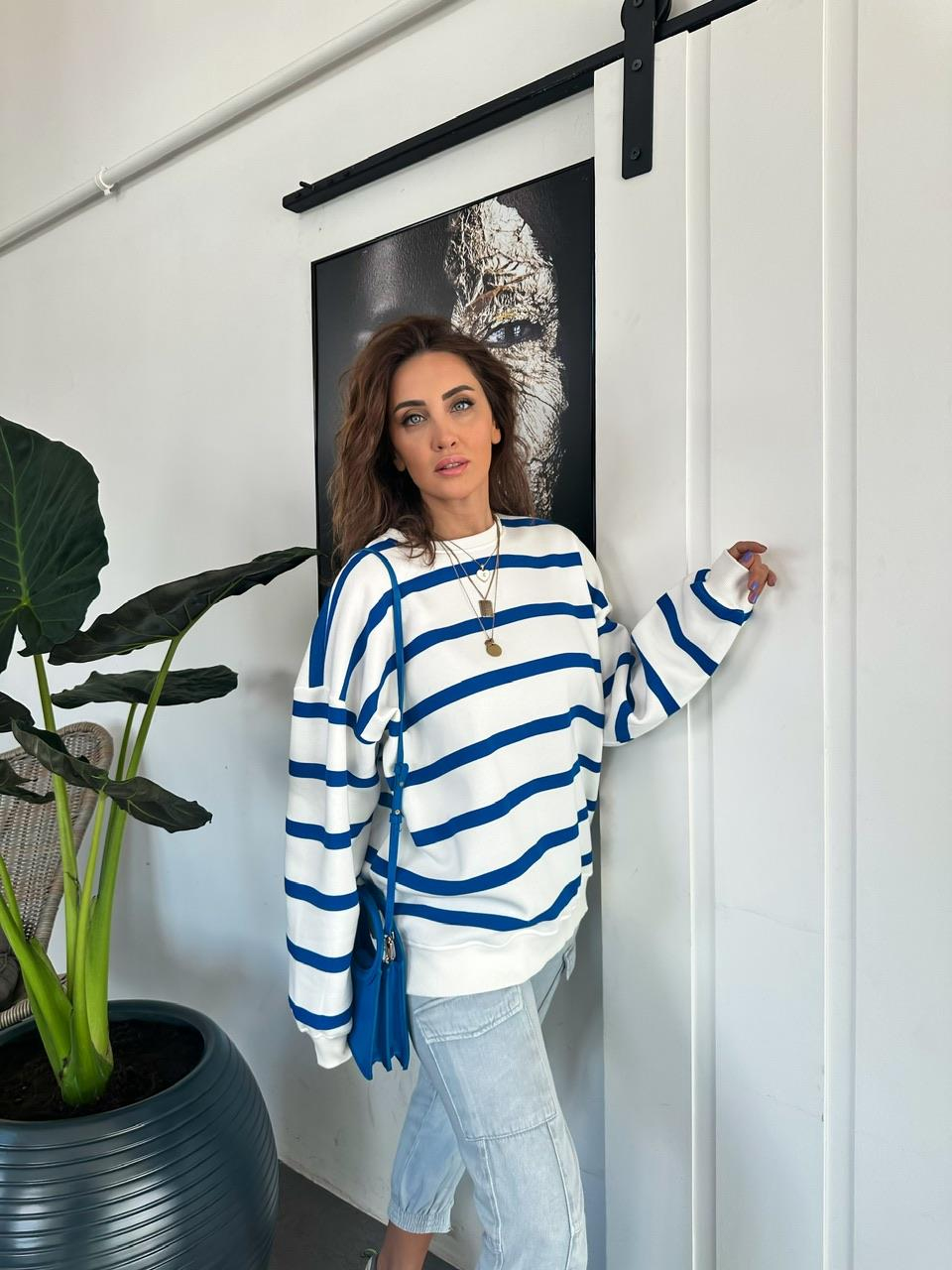 Saks Mavi Çizgili Oversize Sweatshirt