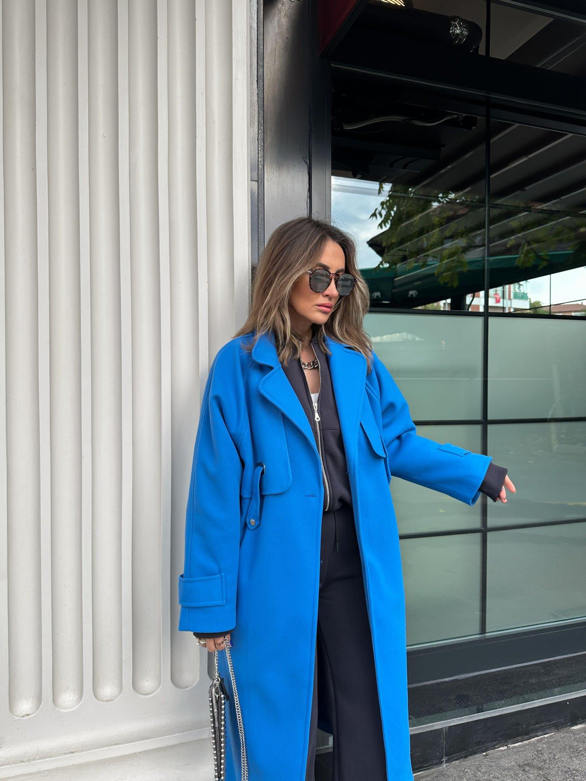 Saks Mavi Tasarım Çıtçıt Detaylı Kaban