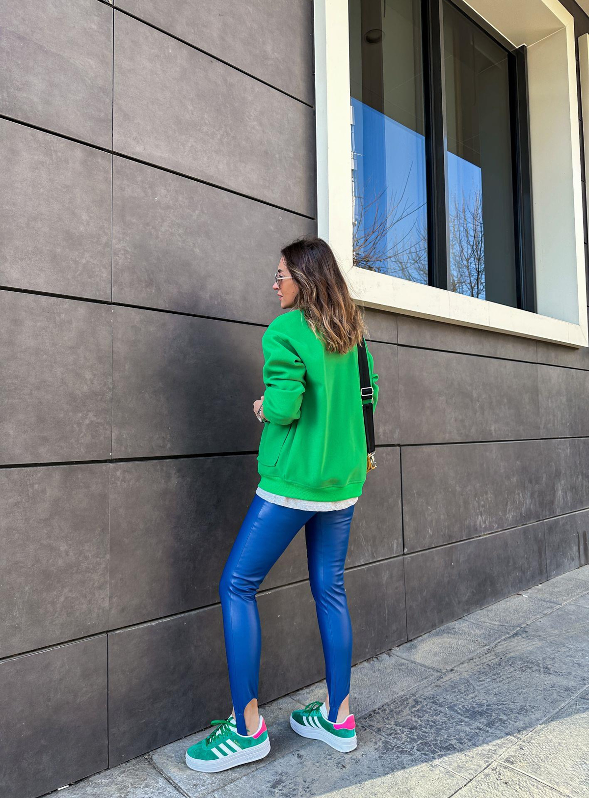 Saks Mavi Topuktan Geçmeli Deri Tayt