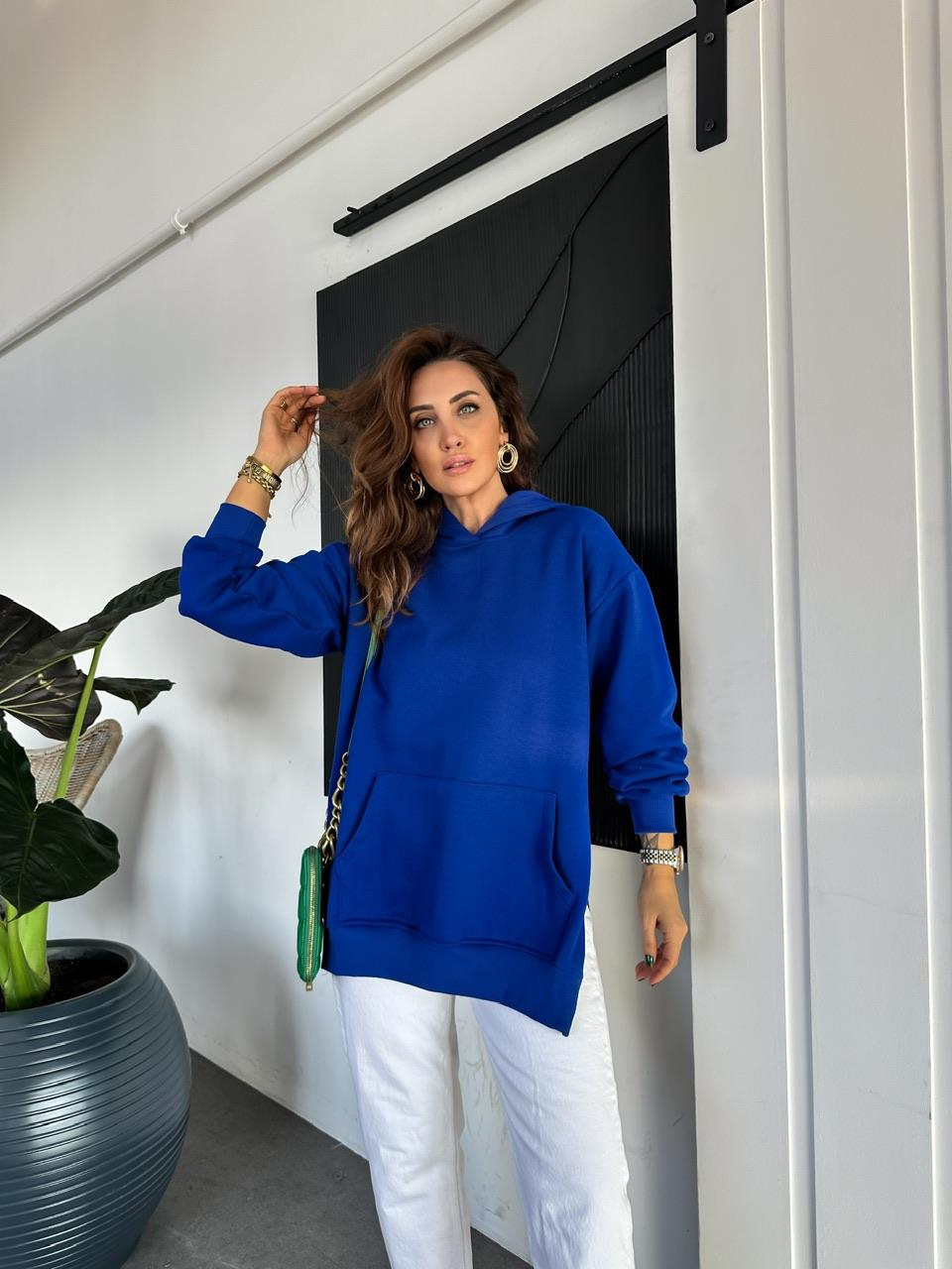 Saks Mavisi Kenarları Fermuarlı Sweatshirt