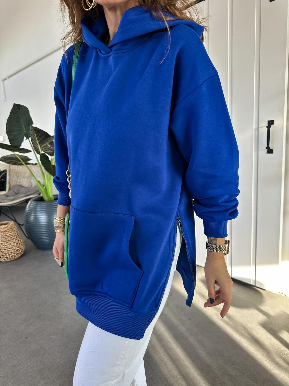 Saks Mavisi Kenarları Fermuarlı Sweatshirt