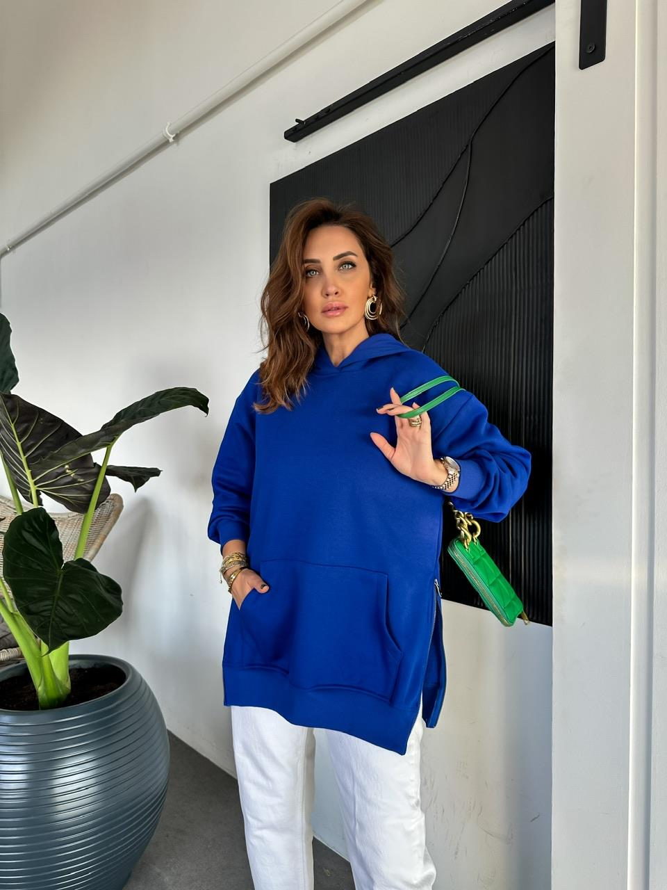 Saks Mavisi Kenarları Fermuarlı Sweatshirt