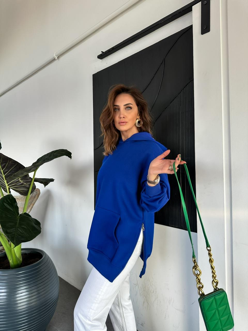 Saks Mavisi Kenarları Fermuarlı Sweatshirt