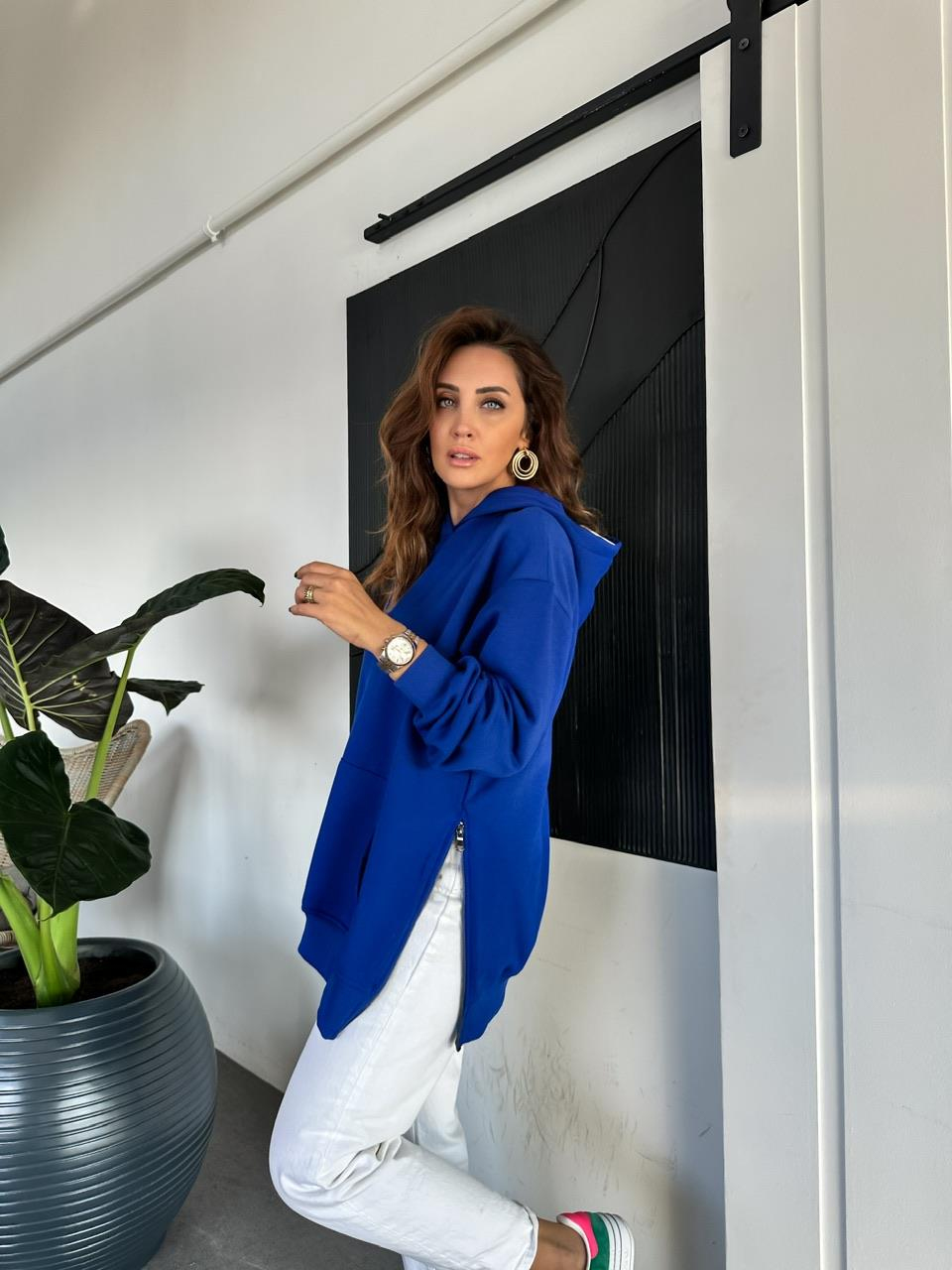 Saks Mavisi Kenarları Fermuarlı Sweatshirt