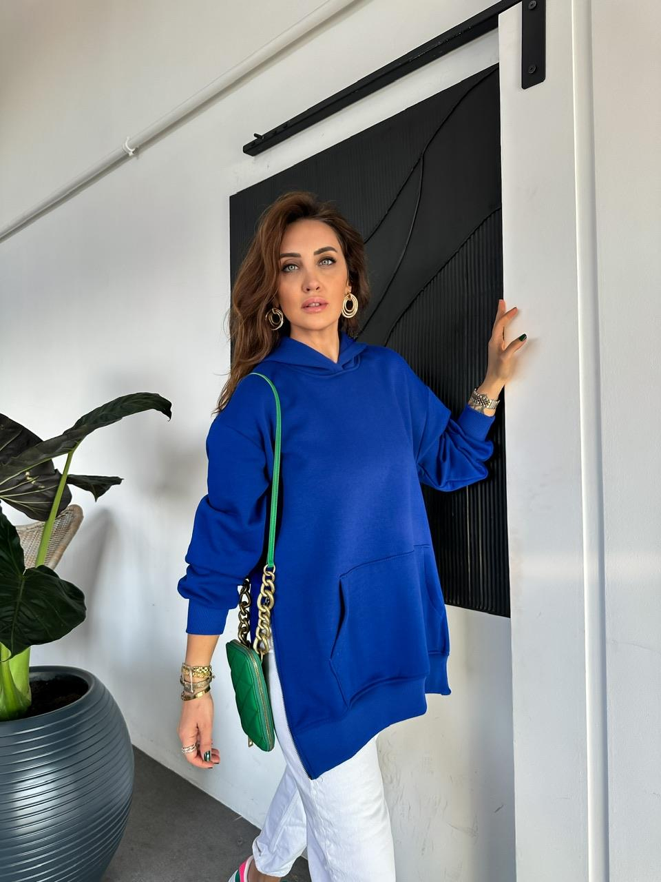 Saks Mavisi Kenarları Fermuarlı Sweatshirt