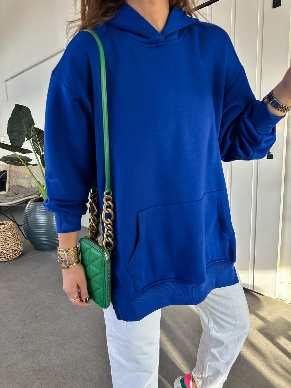 Saks Mavisi Kenarları Fermuarlı Sweatshirt