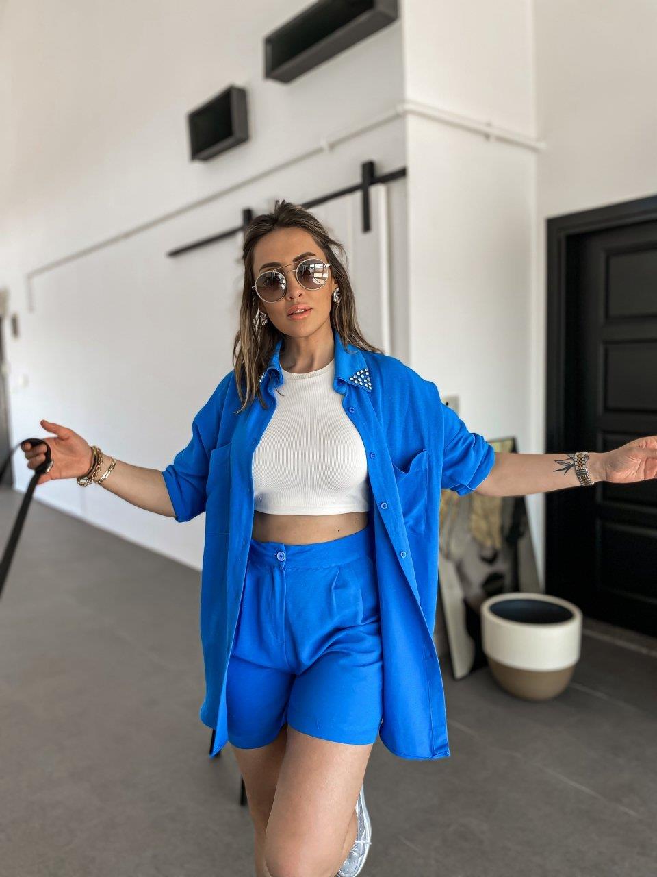 Saks Rengi Keten Pileli Şort