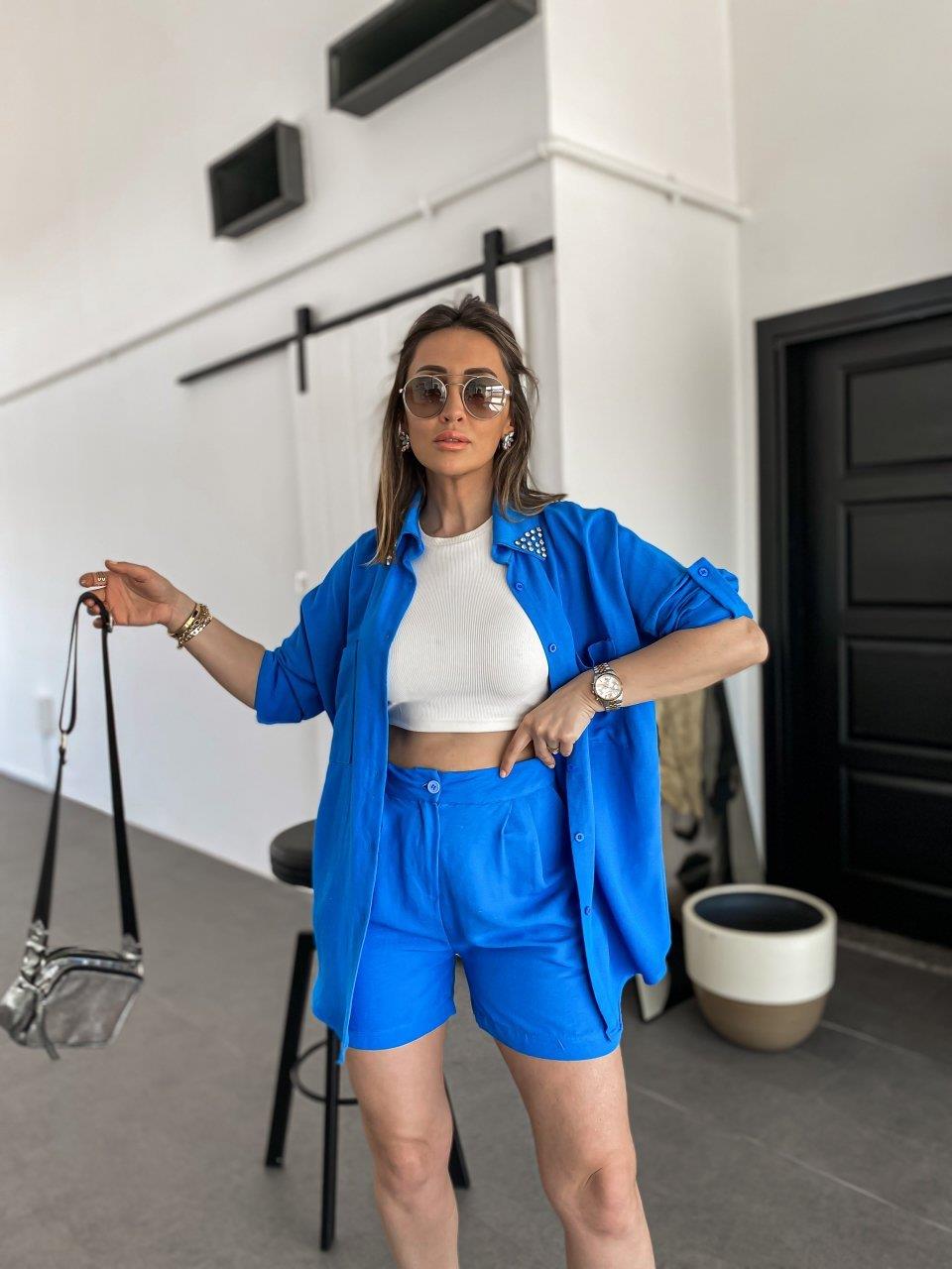 Saks Rengi Keten Pileli Şort