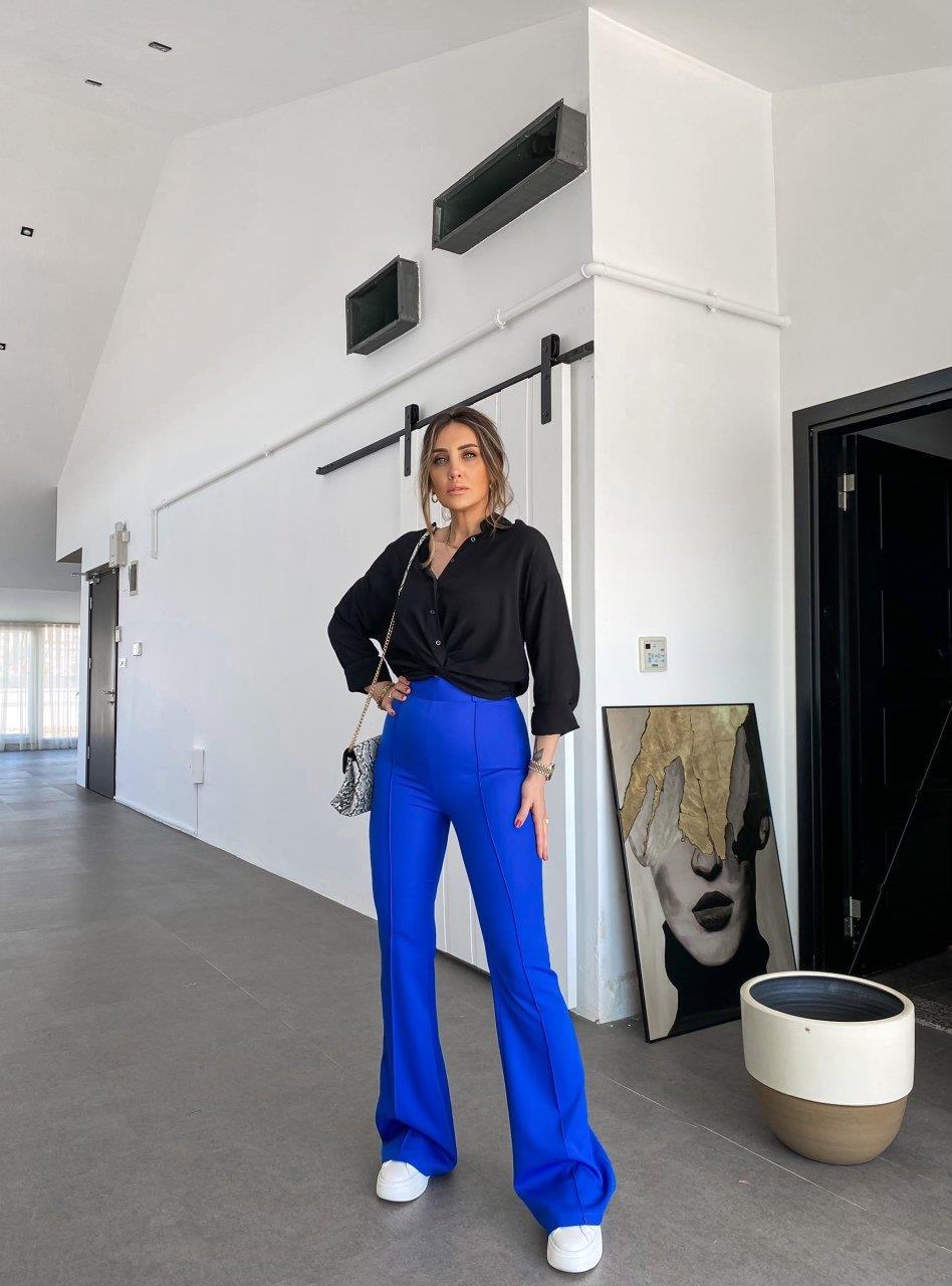 Saks Rengi Yüksek Bel İspanyol Paça Pantolon