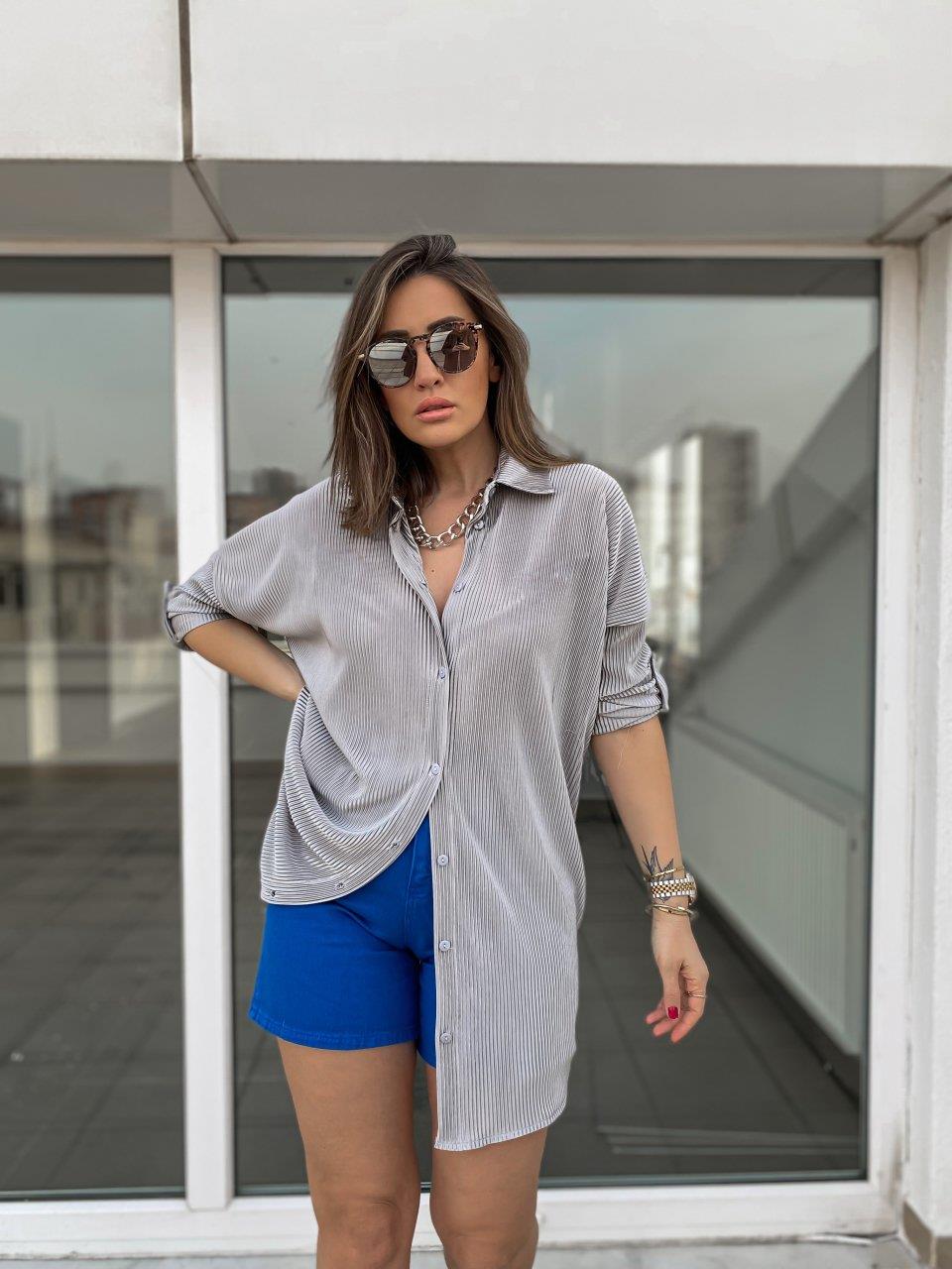 Saks Rengi Yüksek Bel Mom Şort