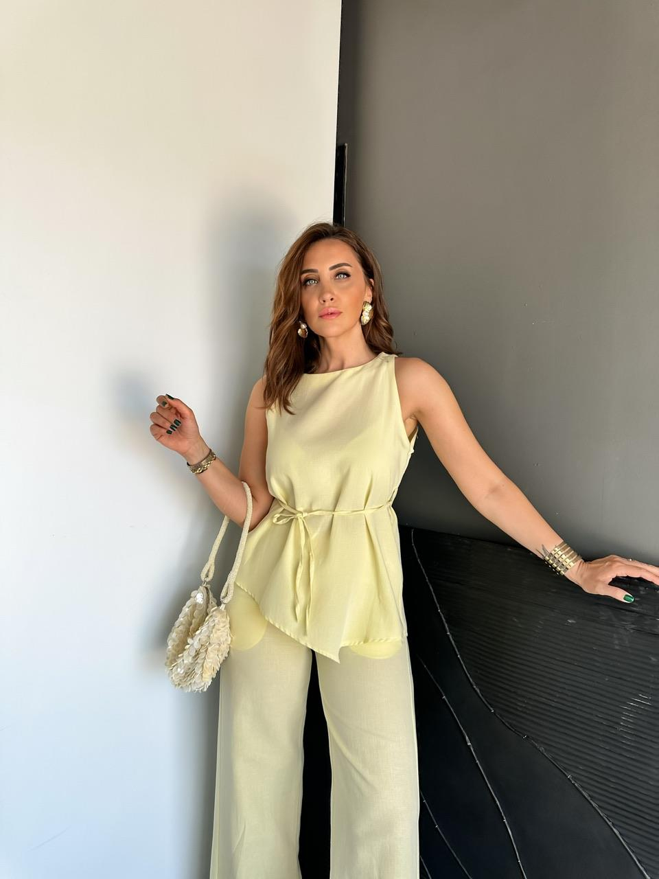 Sarı Asimetrik Bluzlu Keten Takım