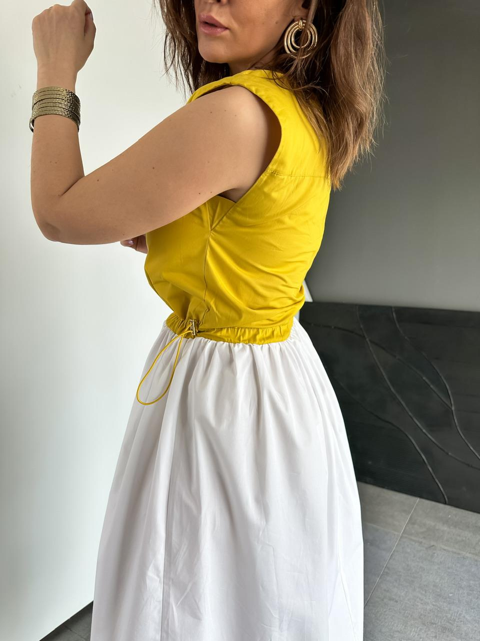 Sarı Beli İpli Cepli Poplin Elbise