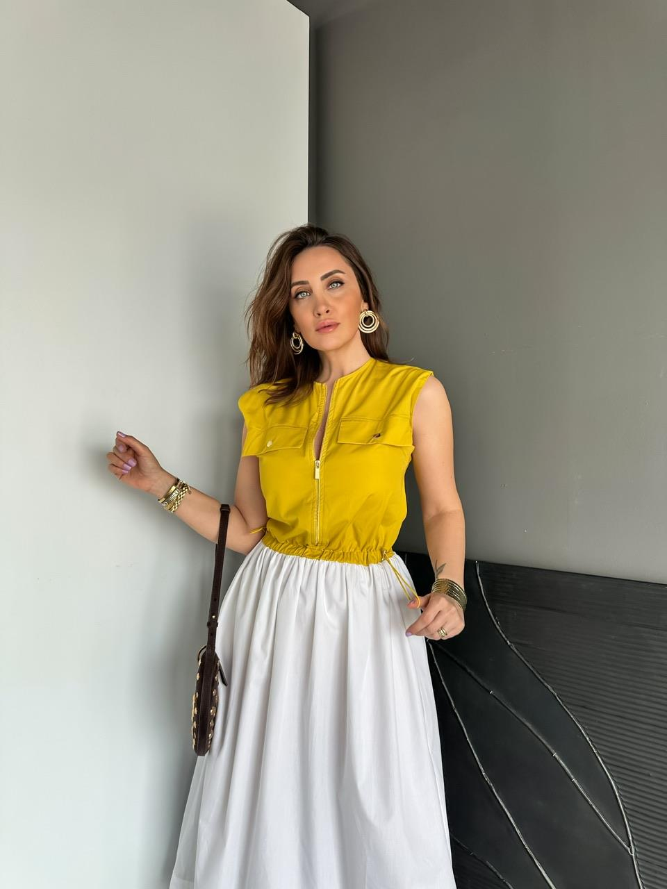 Sarı Beli İpli Cepli Poplin Elbise