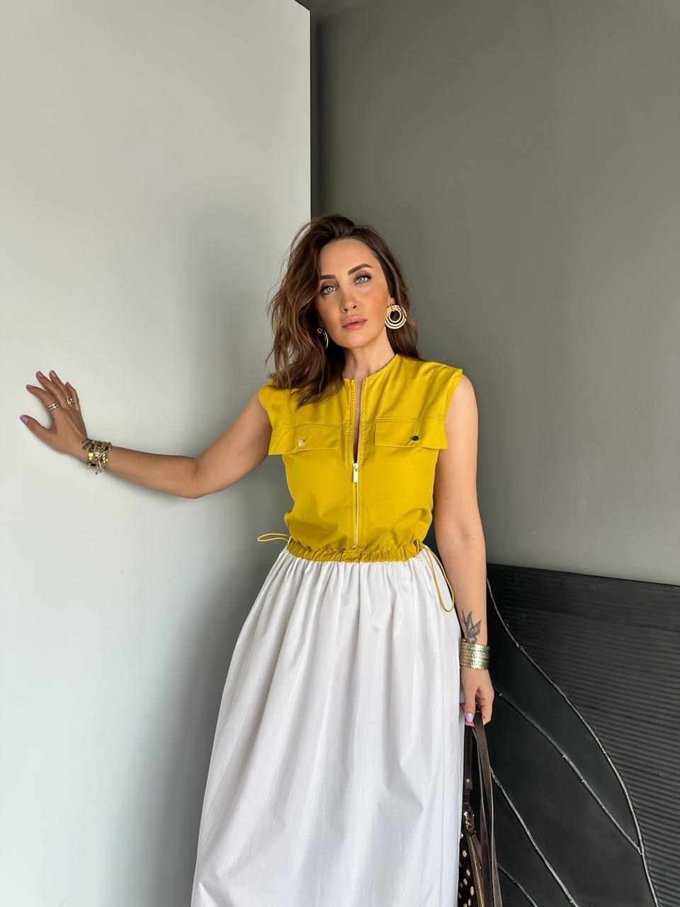 Sarı Beli İpli Cepli Poplin Elbise