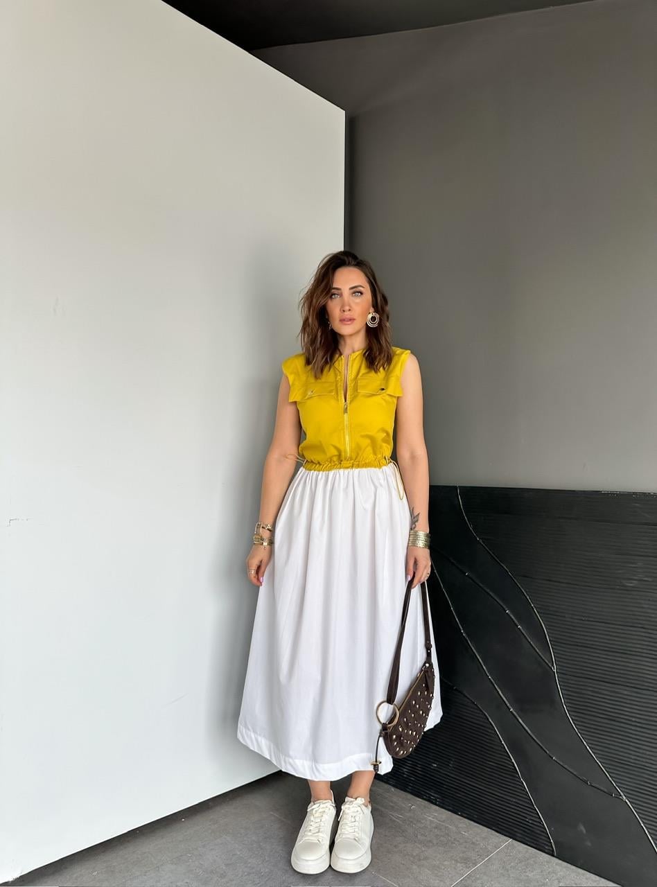 Sarı Beli İpli Cepli Poplin Elbise