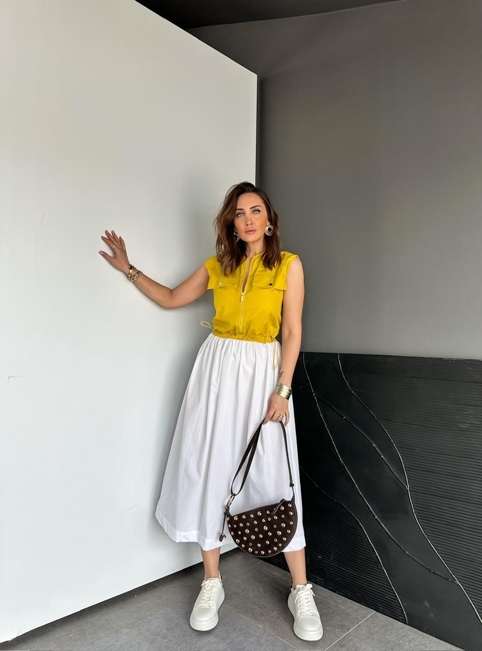 Sarı Beli İpli Cepli Poplin Elbise