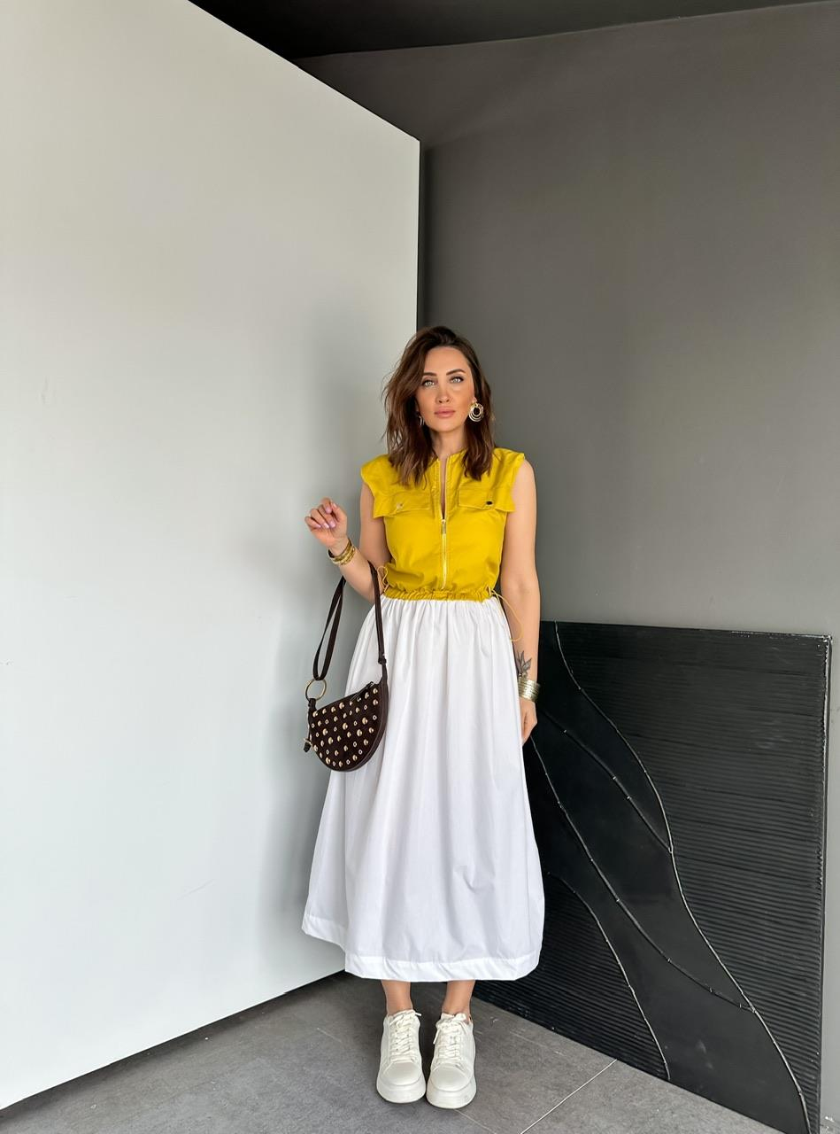 Sarı Beli İpli Cepli Poplin Elbise