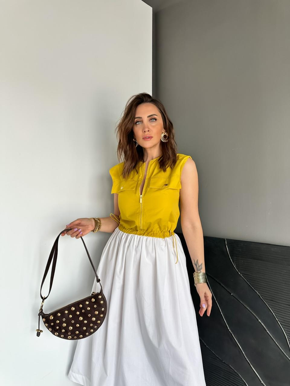 Sarı Beli İpli Cepli Poplin Elbise