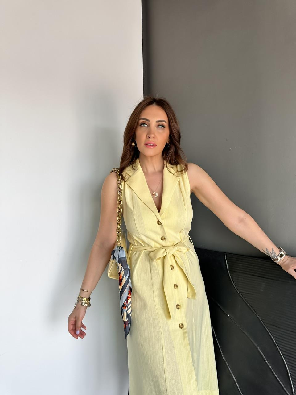 Sarı Ceket Yaka Düğmeli Keten Elbise