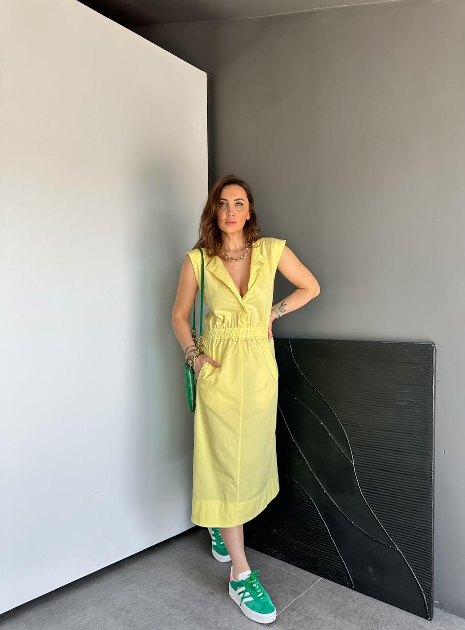 Sarı Cepli Beli Lastikli Poplin Elbise