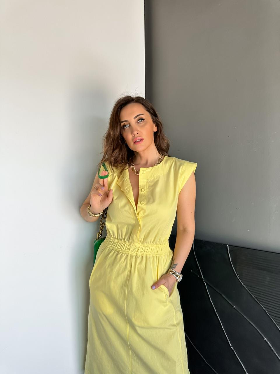 Sarı Cepli Beli Lastikli Poplin Elbise