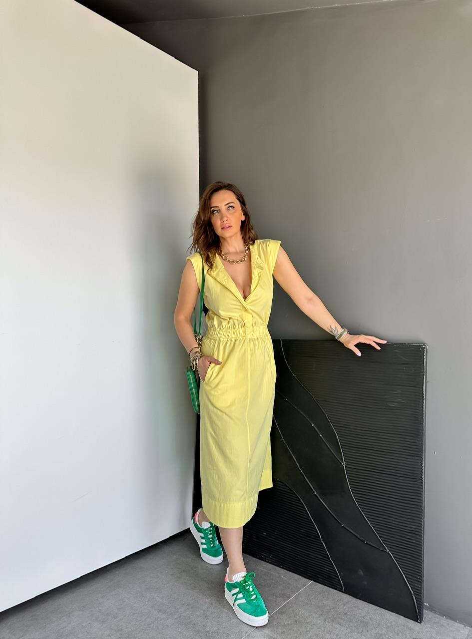 Sarı Cepli Beli Lastikli Poplin Elbise