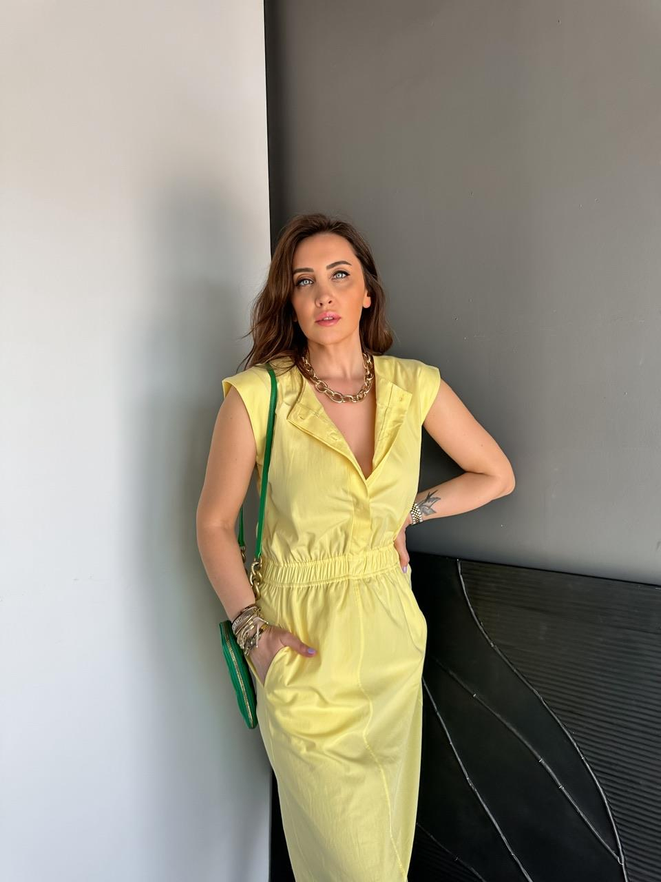 Sarı Cepli Beli Lastikli Poplin Elbise