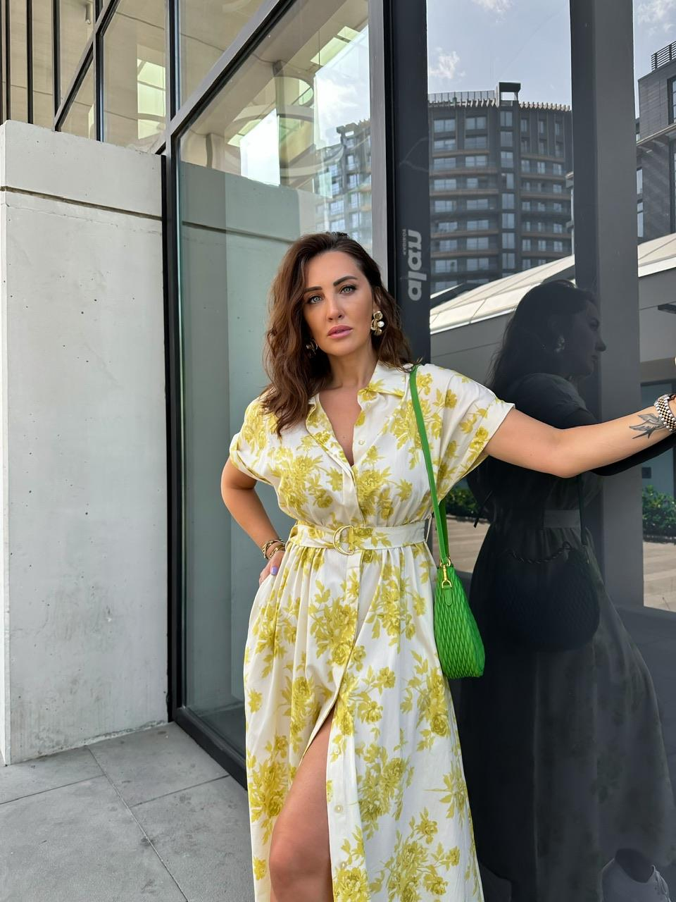 Sarı Çiçekli Beli Kemerli Cepli Elbise