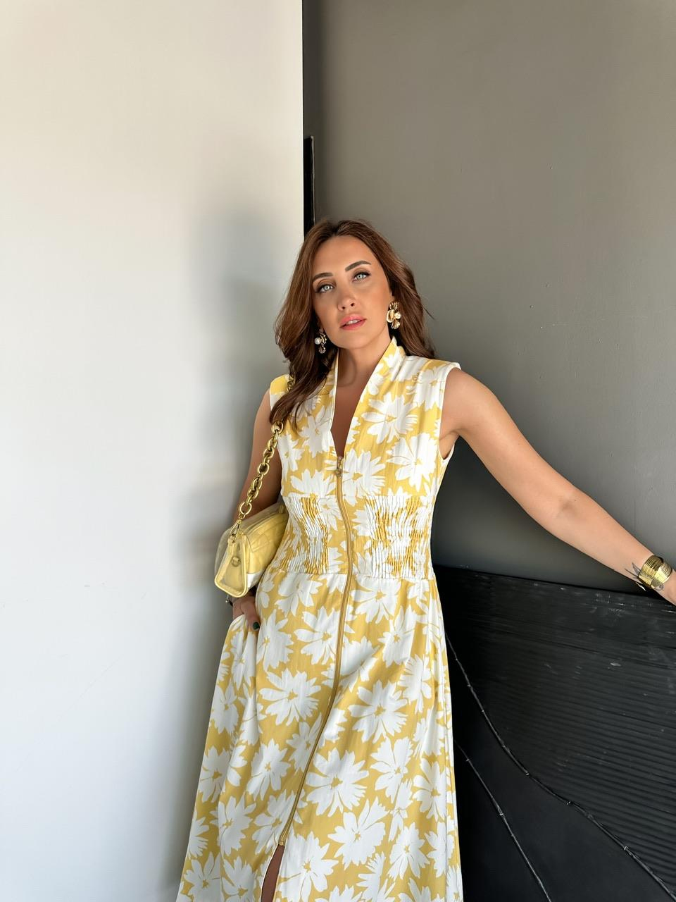 Sarı Çiçekli Fermuarlı Giperli Elbise