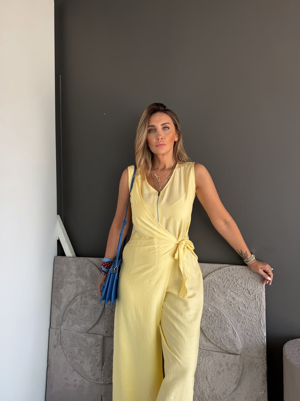Sarı Fermuarlı Bağlamalı Tulum