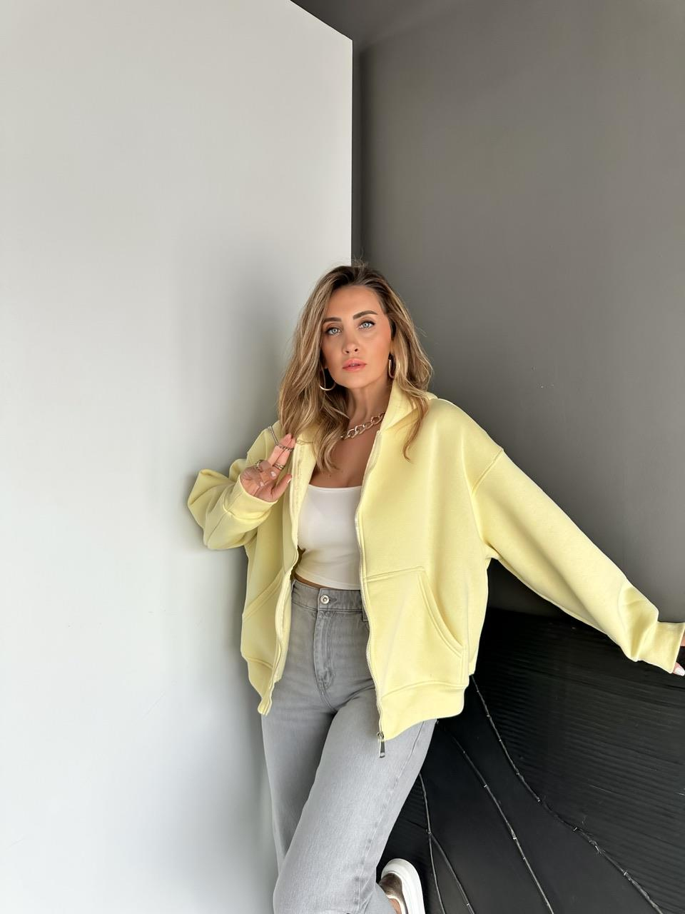 Sarı Fermuarlı Şardonlu Sweatshirt