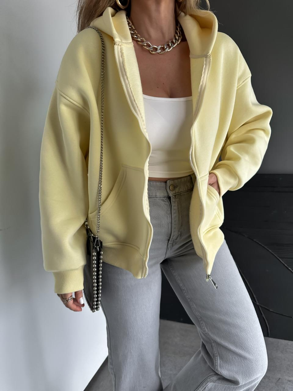 Sarı Fermuarlı Şardonlu Sweatshirt
