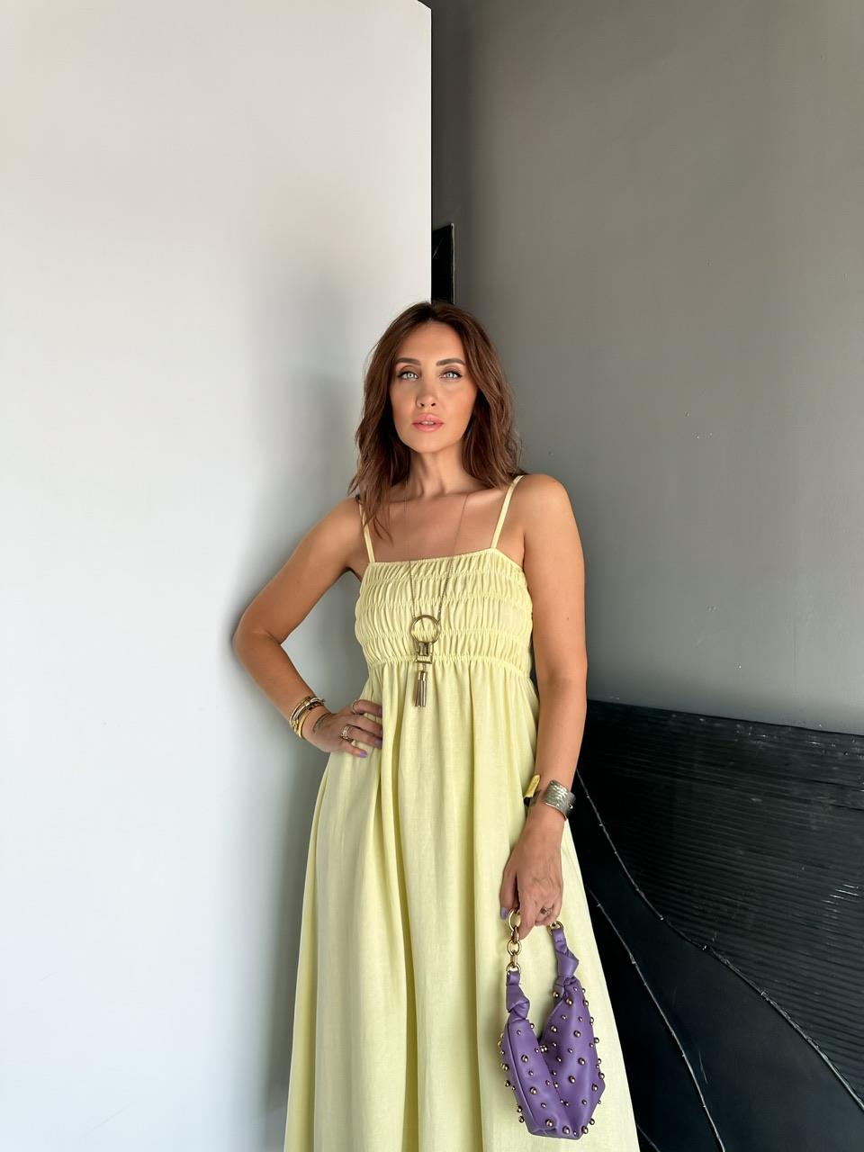Sarı İp Askılı Gipeli Keten Elbise