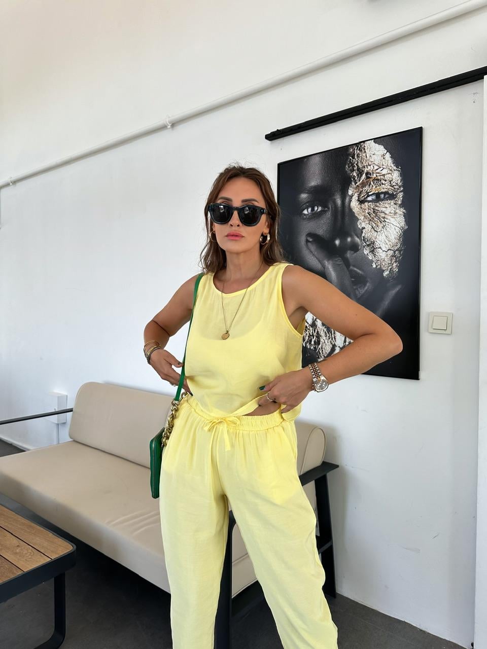 Sarı Kolsuz Beli Lastikli Tensel Takım