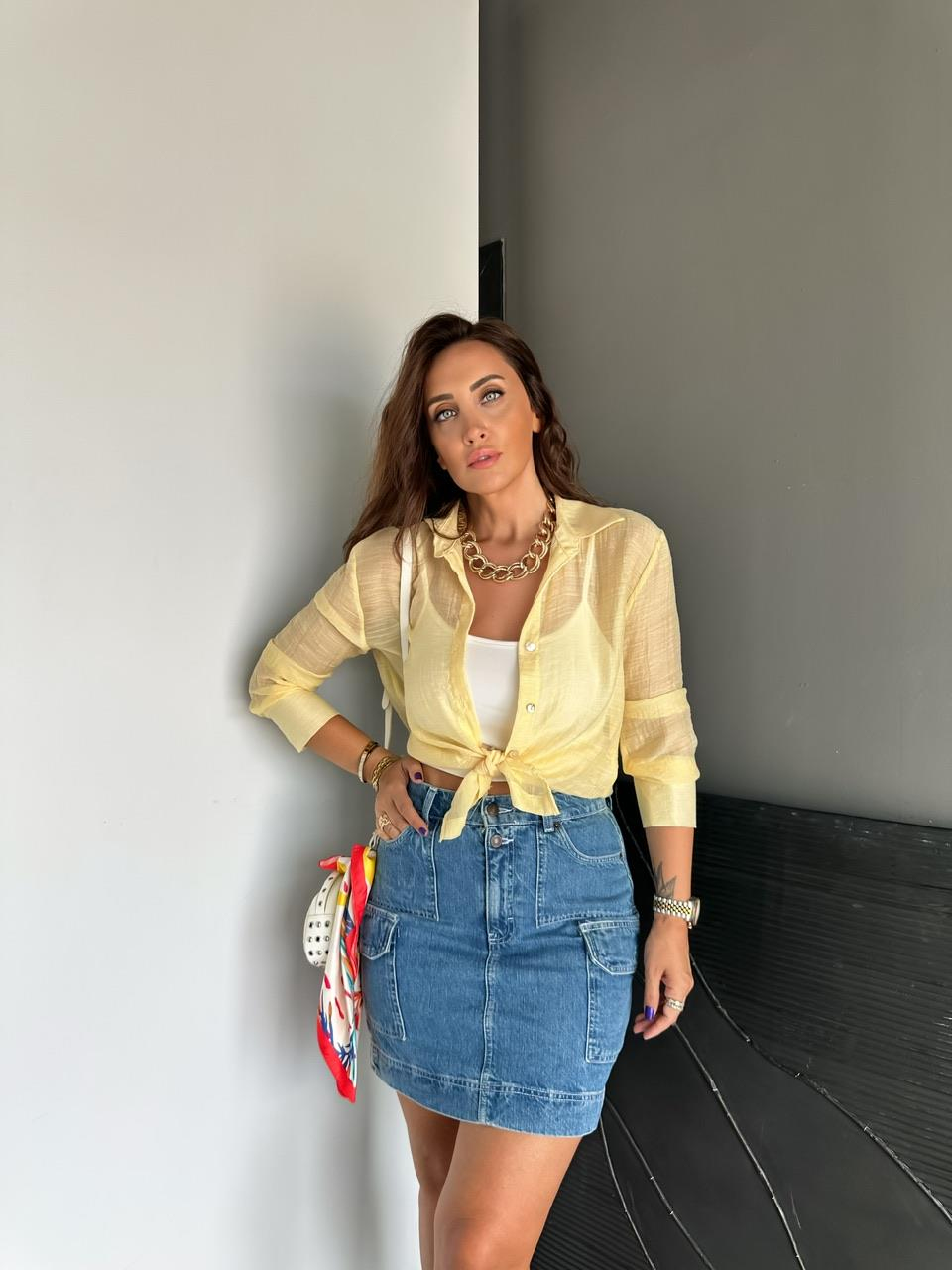 Sarı  Sedef Düğmeli Transparan Gömlek