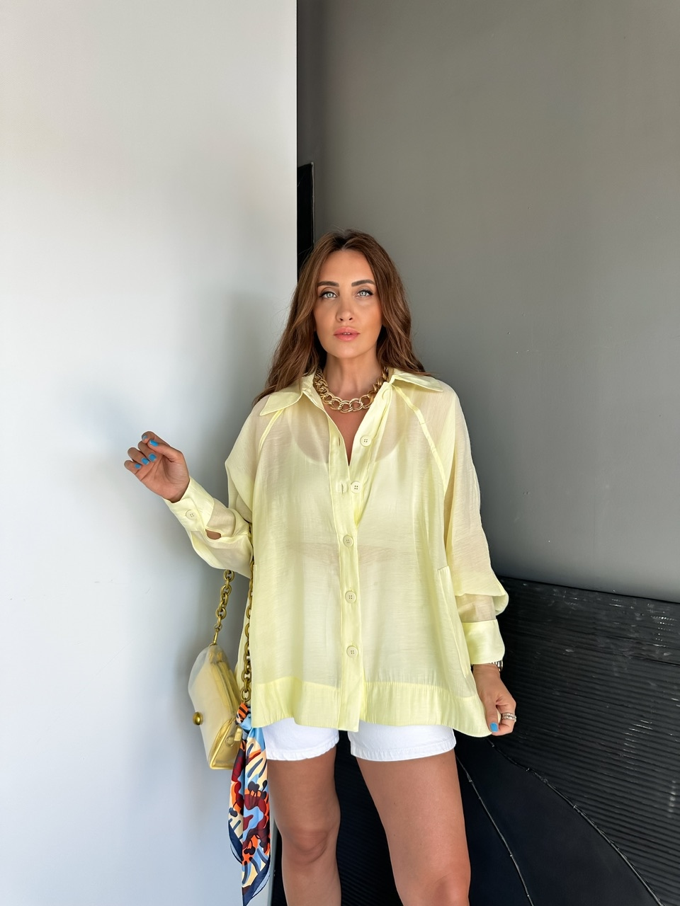 Sarı Yarasa Kol Oversize Gömlek
