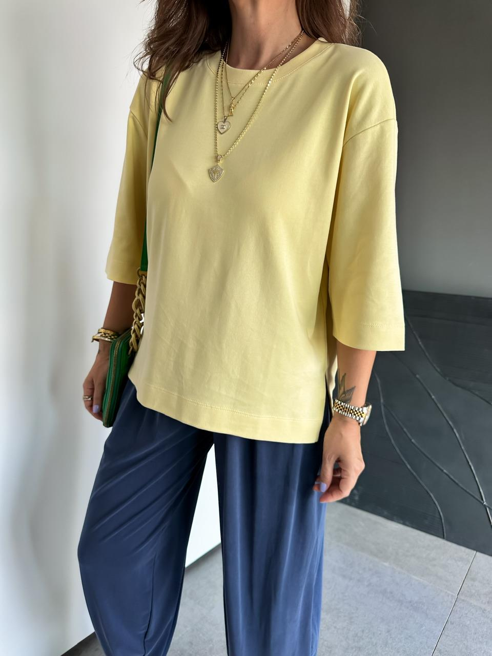 Sarı Yırtmaçlı Cotton Oversize Tshirt