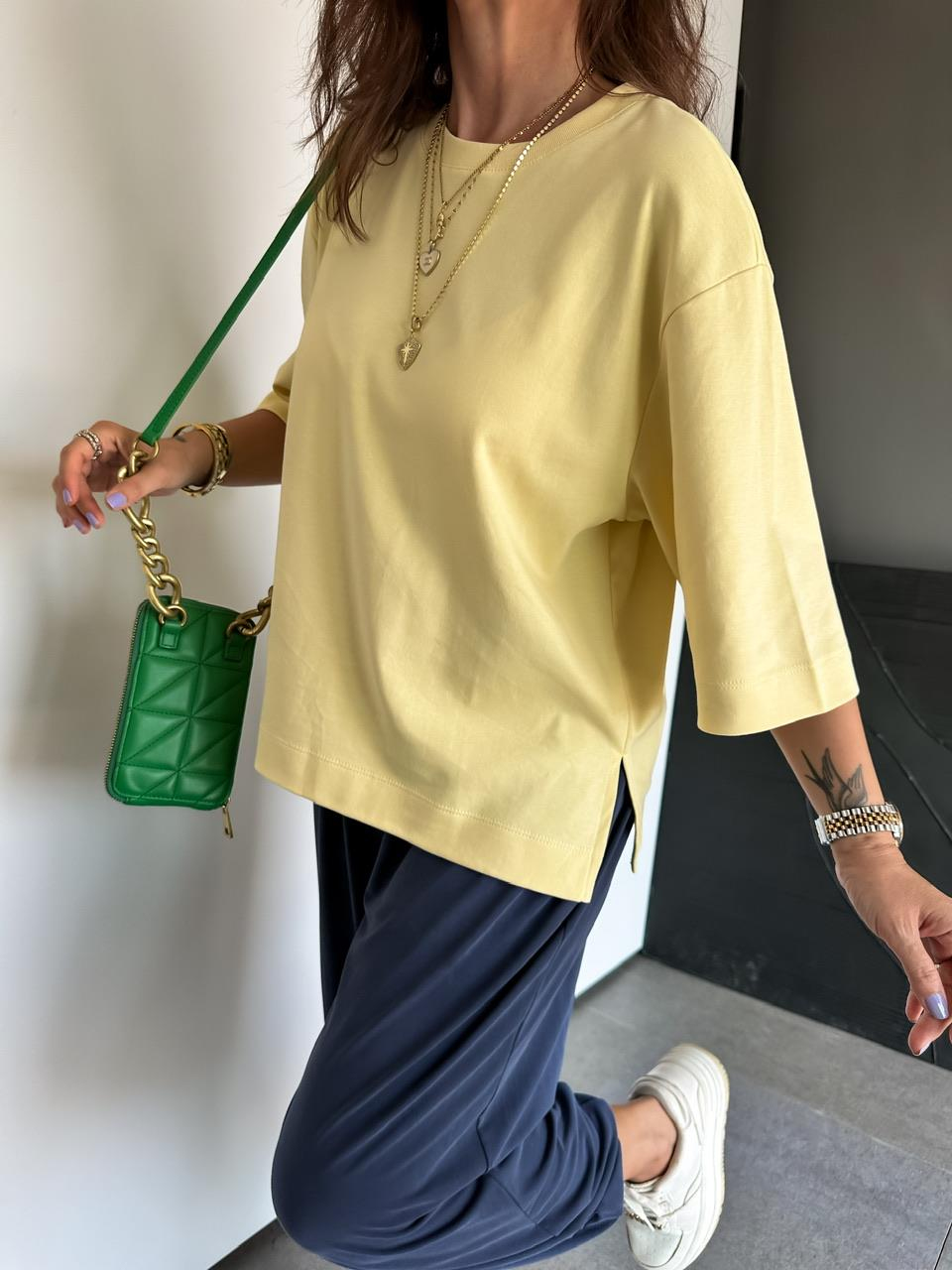 Sarı Yırtmaçlı Cotton Oversize Tshirt