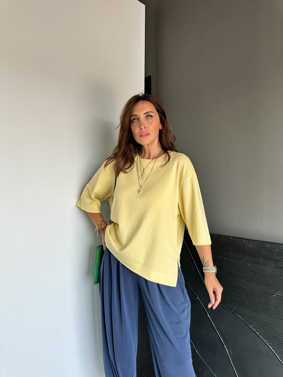 Sarı Yırtmaçlı Cotton Oversize Tshirt