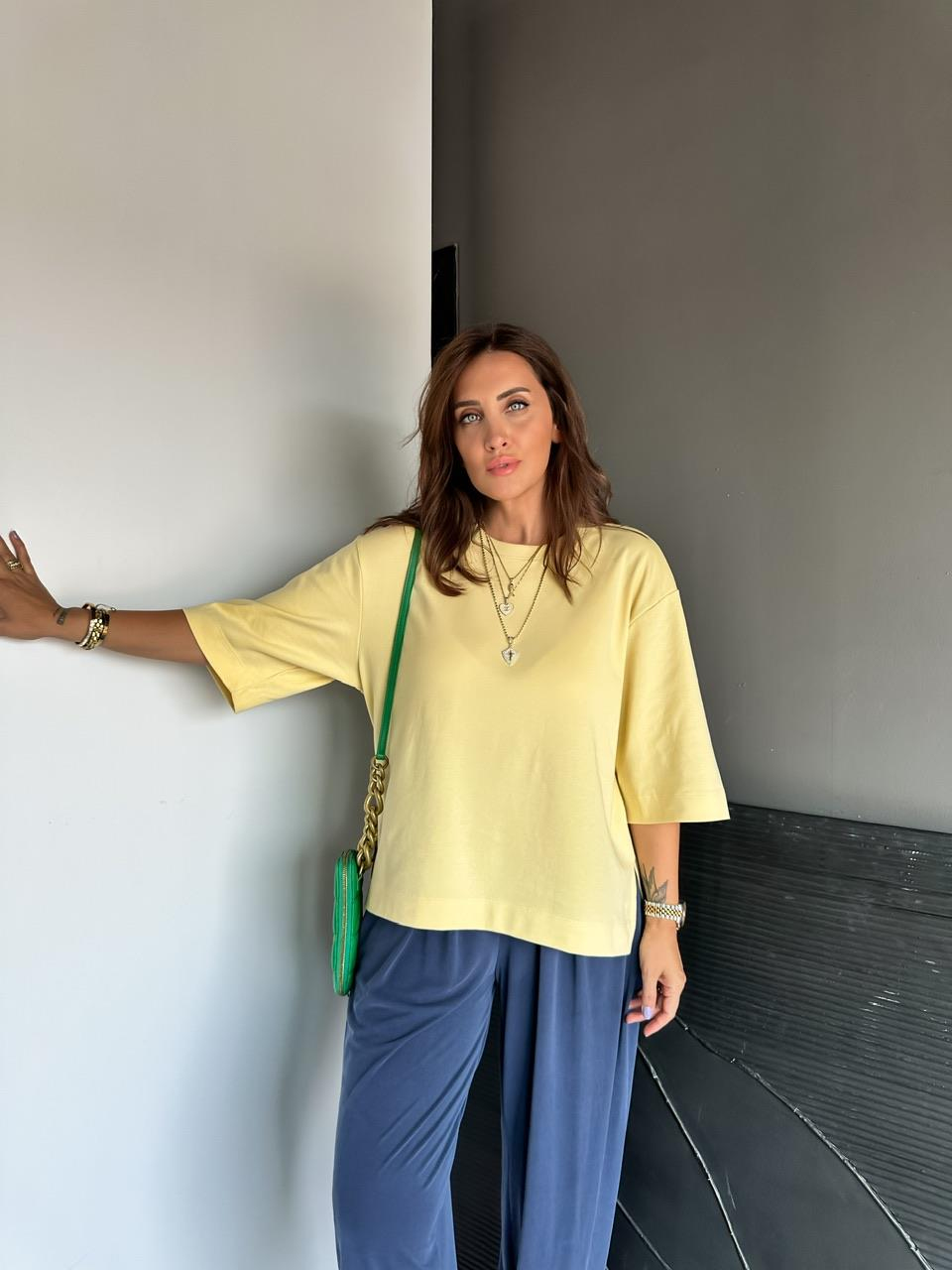 Sarı Yırtmaçlı Cotton Oversize Tshirt