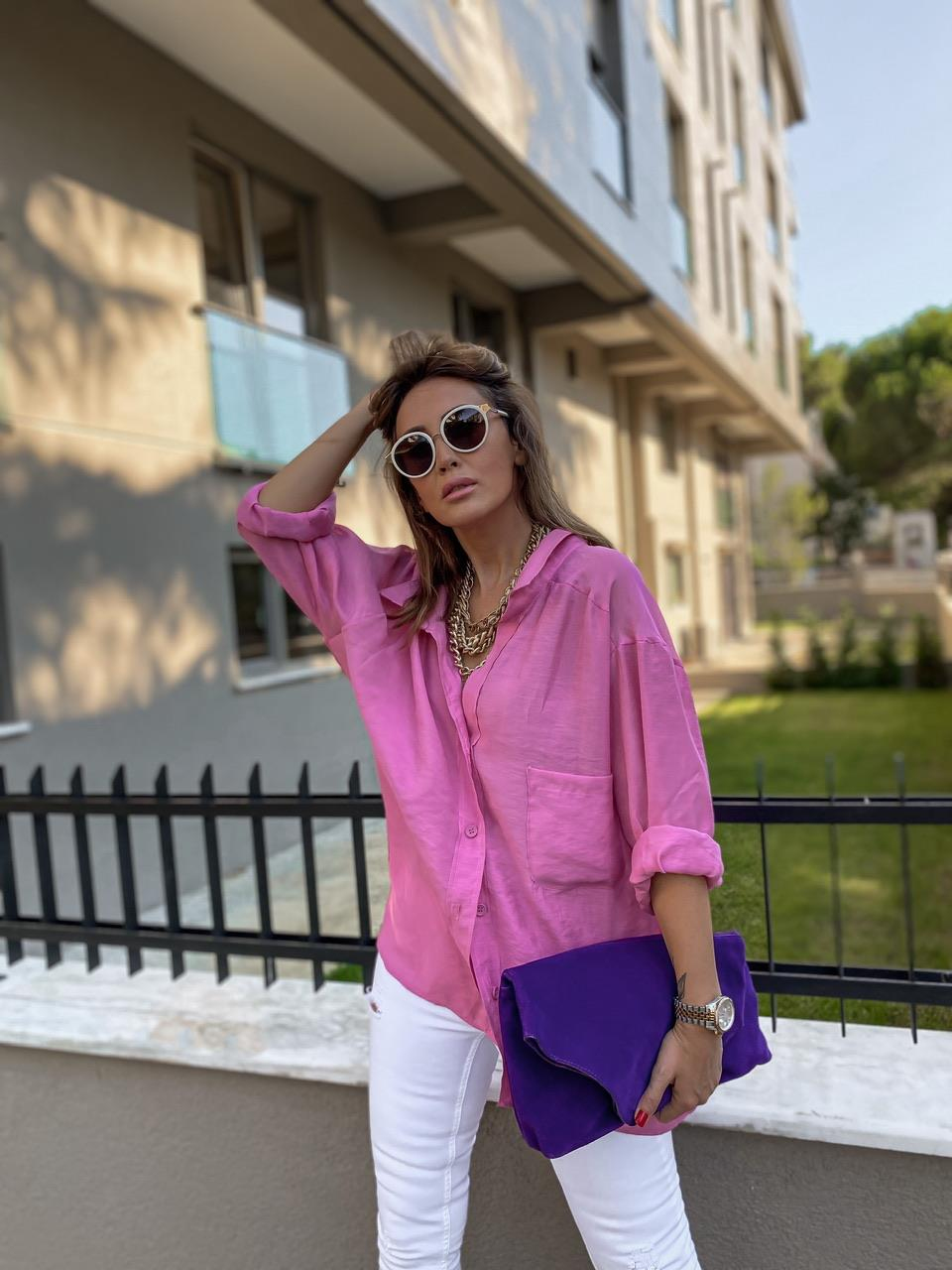 Şeker Pembe Tek Cepli Salaş Soft Gömlek