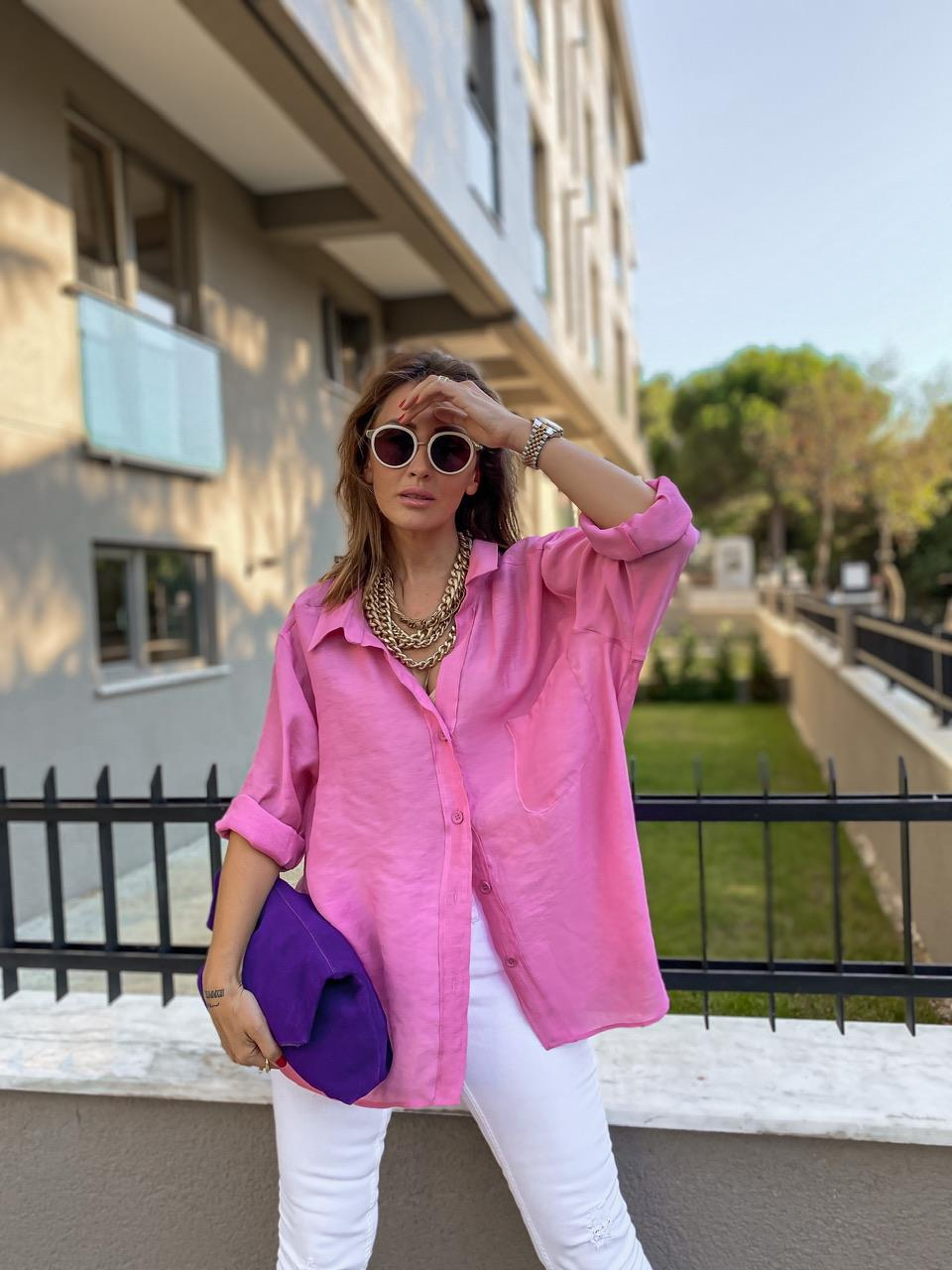 Şeker Pembe Tek Cepli Salaş Soft Gömlek