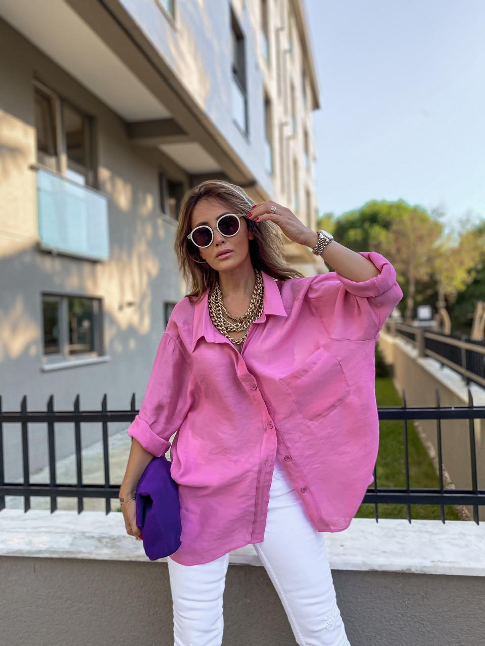 Şeker Pembe Tek Cepli Salaş Soft Gömlek
