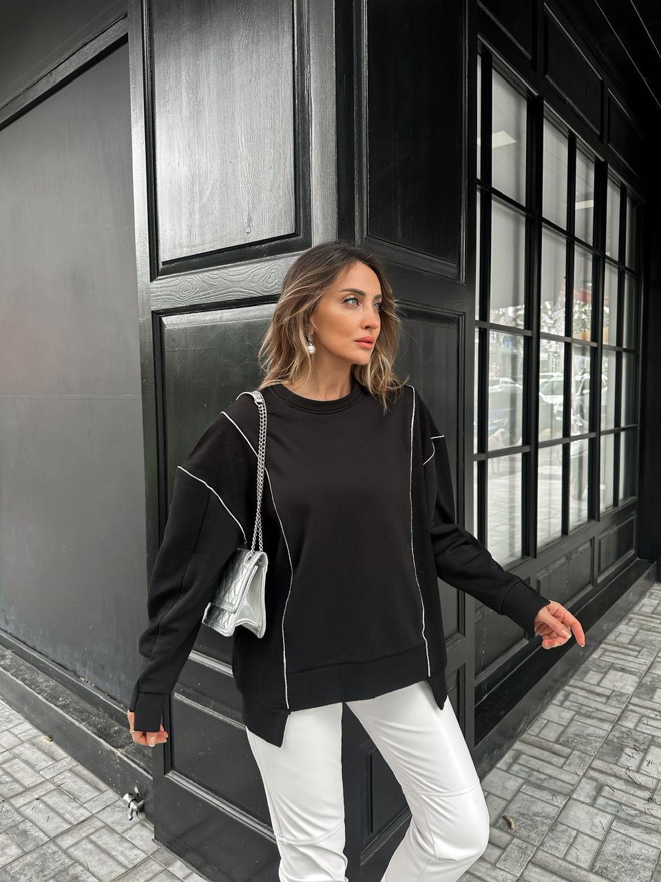 Siyah Asimetrik Taşlı Sweatshirt