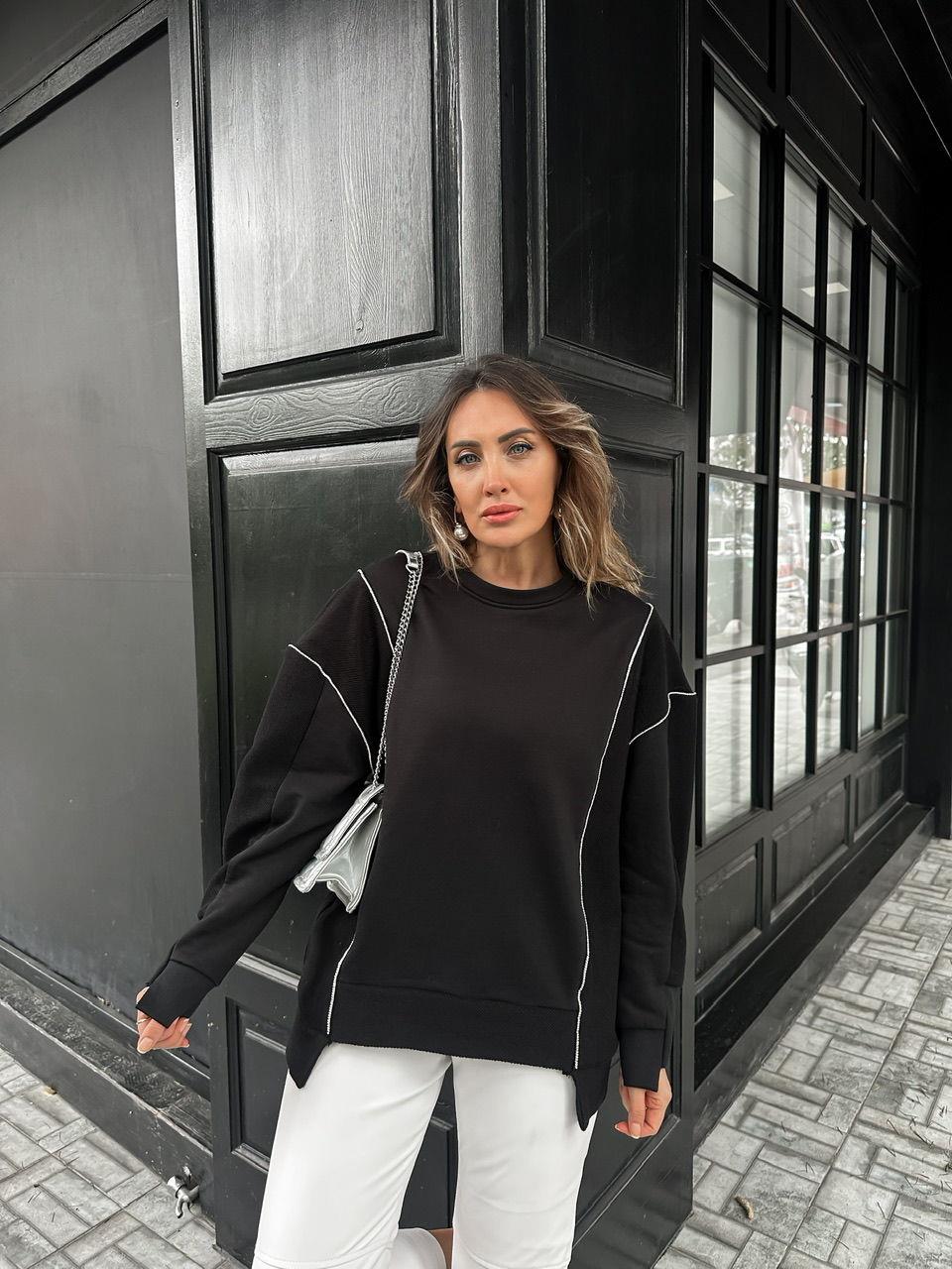 Siyah Asimetrik Taşlı Sweatshirt