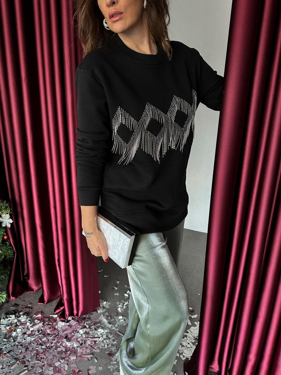 Siyah Baklava Desenli Sweatshirt
