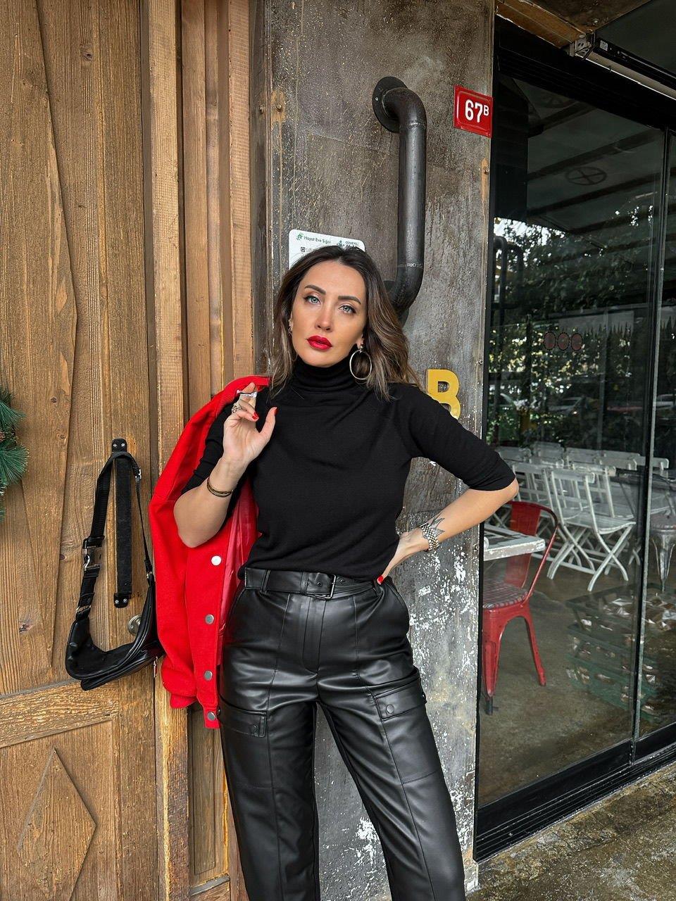 Siyah Balıkçı Yaka Yarım kol Kazak