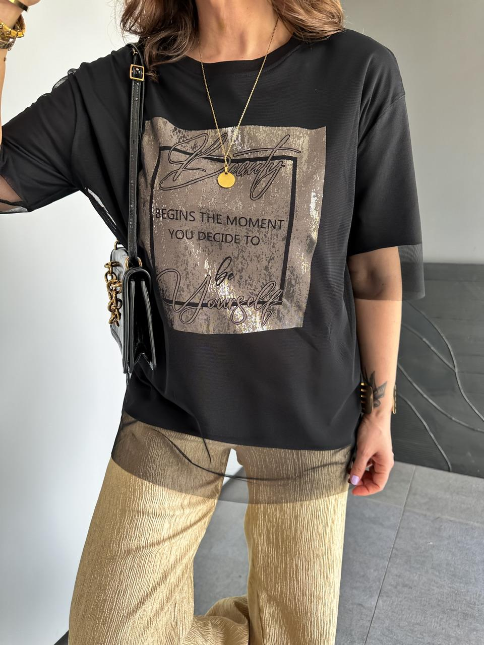 Siyah Beauty Tül Detaylı Tshirt