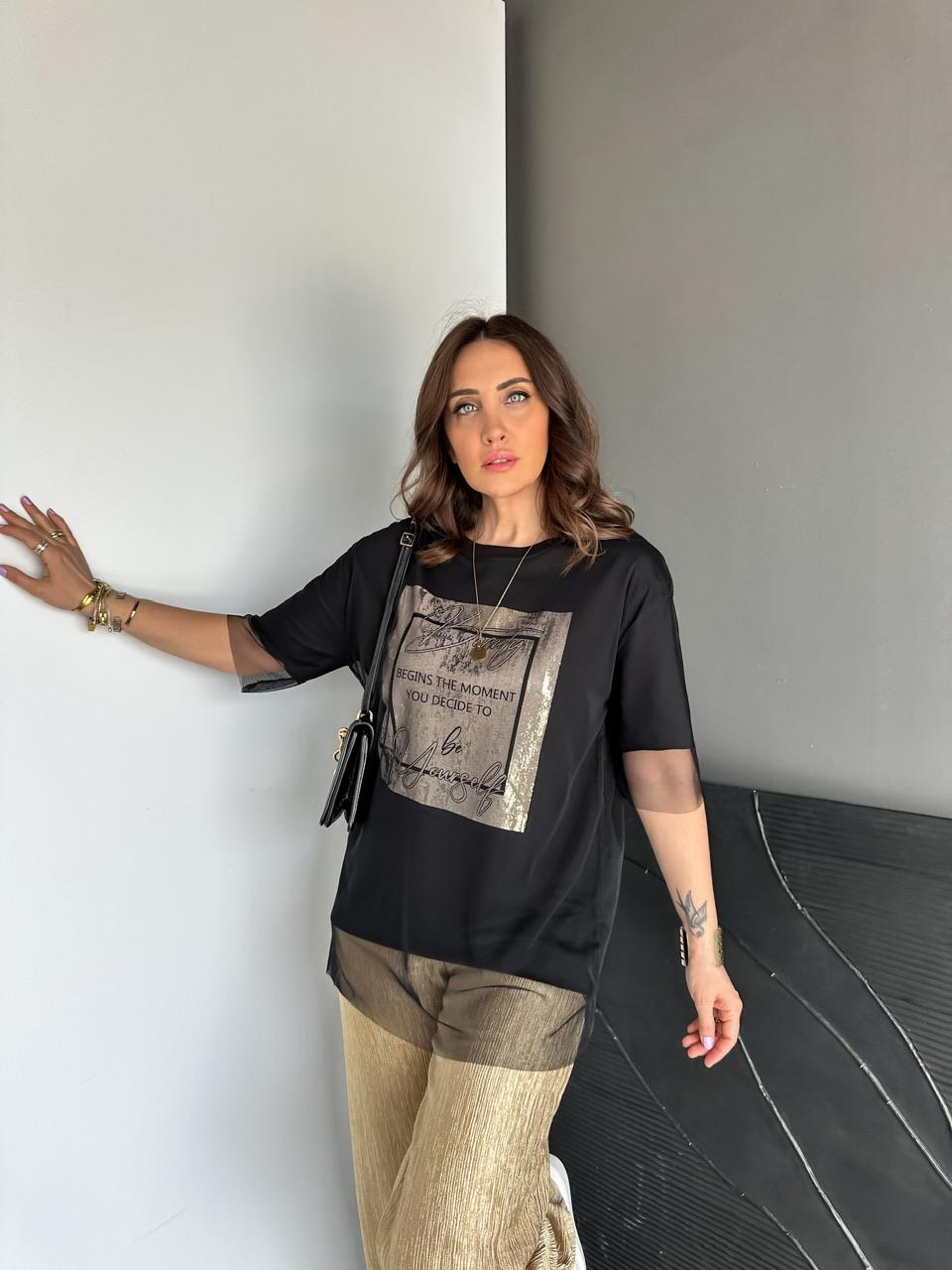 Siyah Beauty Tül Detaylı Tshirt